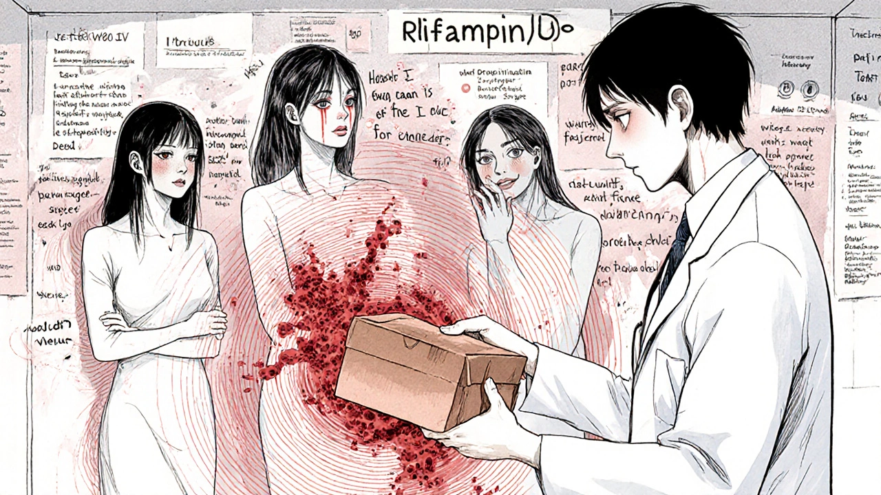 A doctor offers a copper IUD while ghostly women dissolve into hormonal particles under a rifampin vortex.