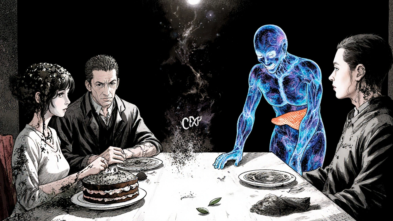 A family dinner scene where one person&#039;s body is overtaken by mold while another glows with healthy veins and gut nebulae.