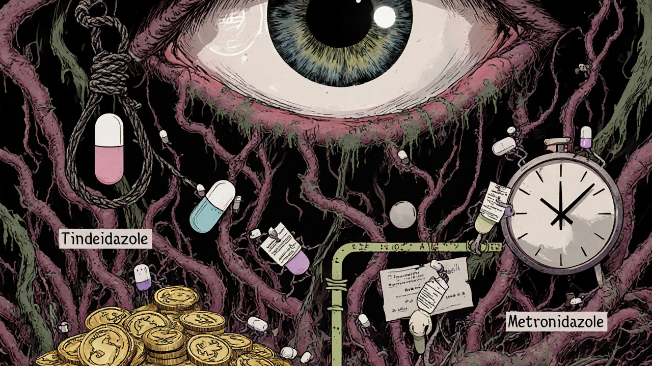 A fleshy medical flowchart with screaming faces branching into three treatment paths, watched by a giant eye reflecting the CDC logo.