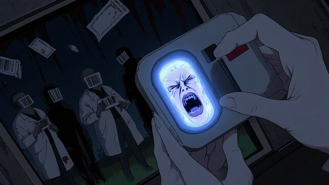 A handheld device scans a pill, revealing a screaming face inside as shadowy figures stand outside.