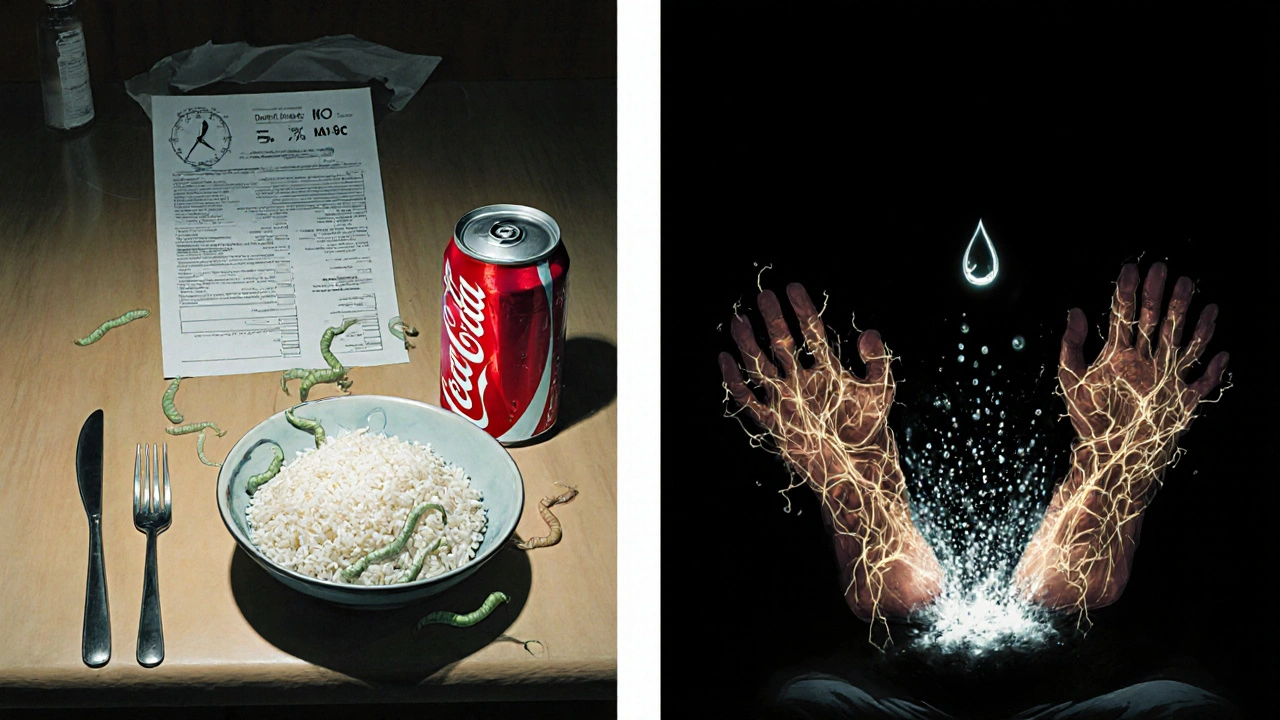 A kitchen table with writhing food and a blood test report, the person’s skin peeling to reveal screaming nerves in their hands and feet.