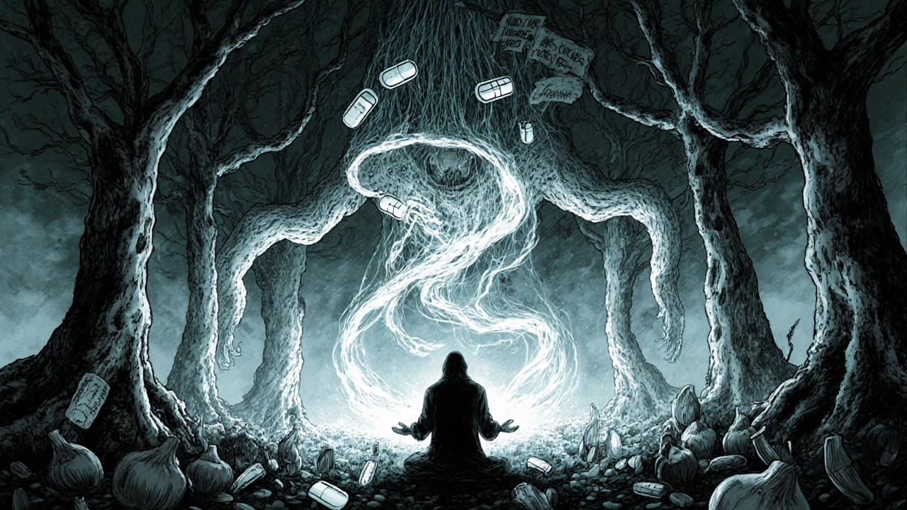 A lone figure in a forest of garlic and olive trees, their shadow a monstrous pill entity as glowing threads form a protective net above them.