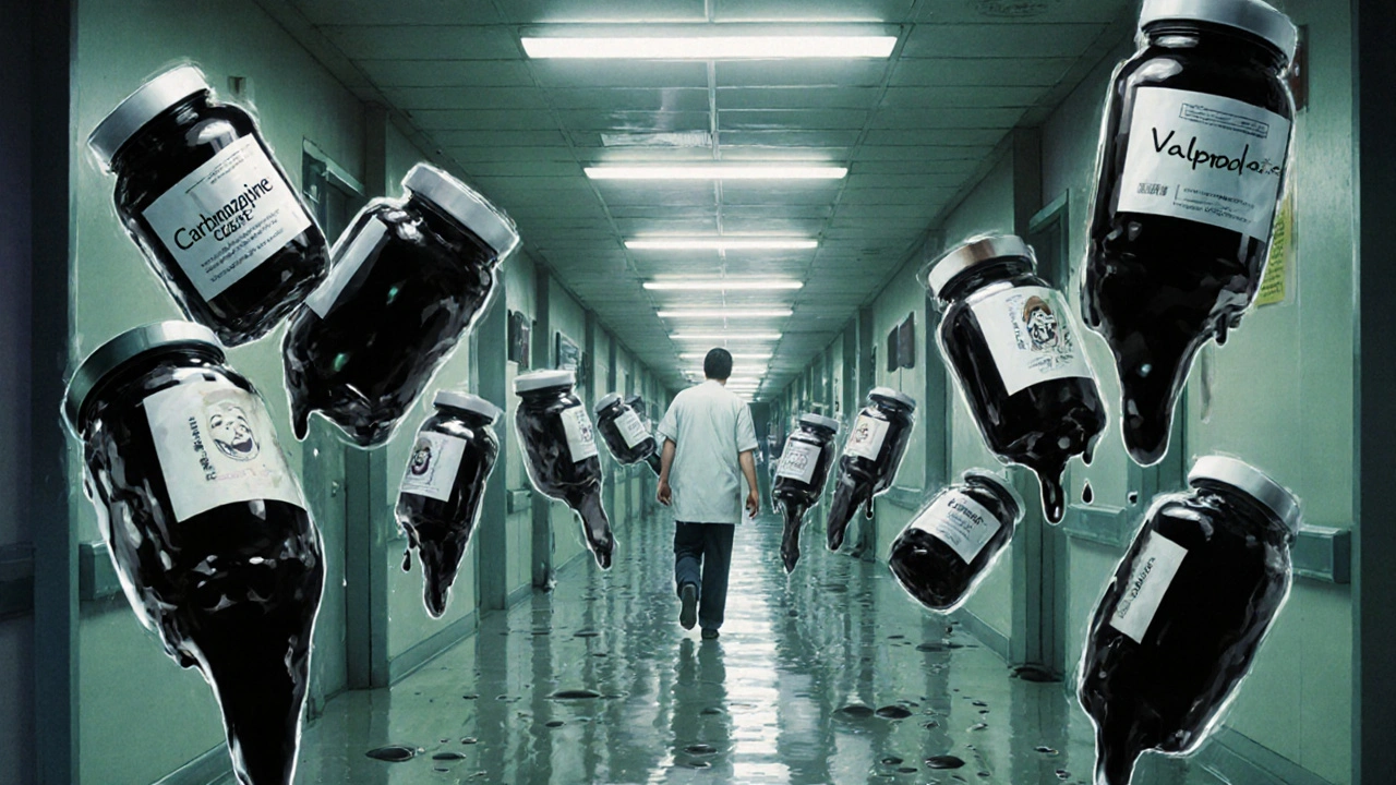 A long hospital corridor filled with oozing prescription bottles forming crawling toxic figures.