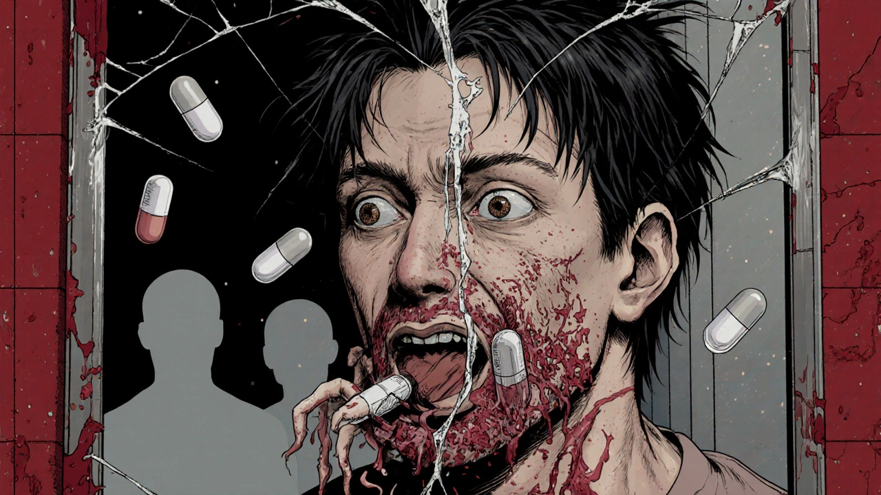 A man&#039;s reflection in a cracked mirror shows pills crawling out of his mouth, transforming him.