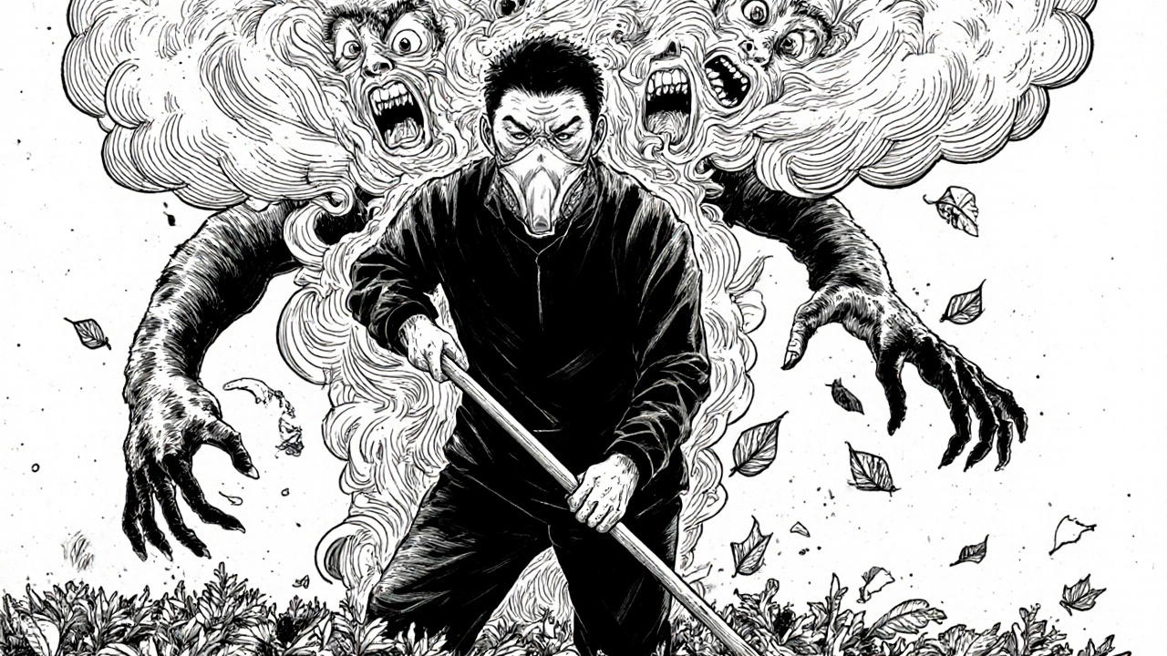 A man in an N95 mask raking leaves, pollen clouds forming screaming faces and grasping fingers from the air.