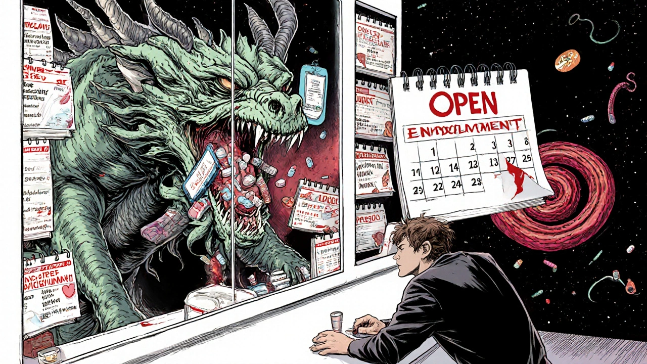 A man’s reflection shows a dragon made of insurance barriers devouring prescriptions, with a flipping calendar.
