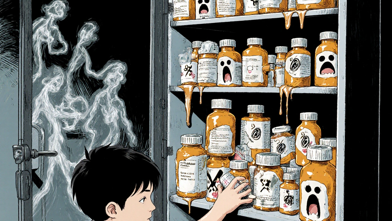 A medicine cabinet overflows with melting pill bottles whose labels scream, as a child reaches in while ghostly figures writhe behind.