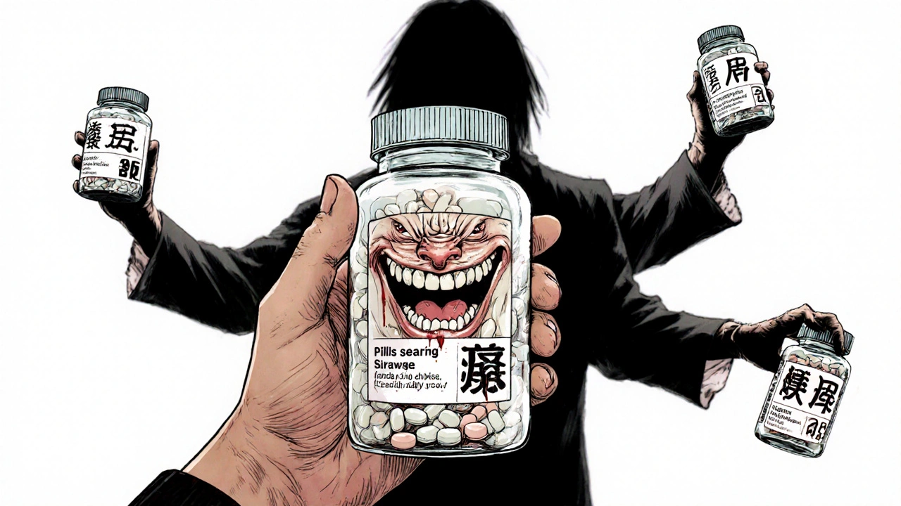 A patient&#039;s hand holds a pill bottle whose label bleeds ink and whose pills have screaming mouths inside.