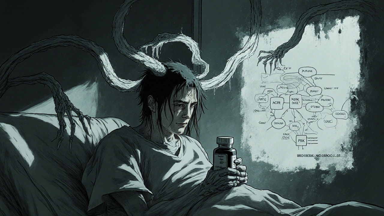 A patient clutching a pill as cancer tendrils coil from their head, surrounded by fading molecular pathways.