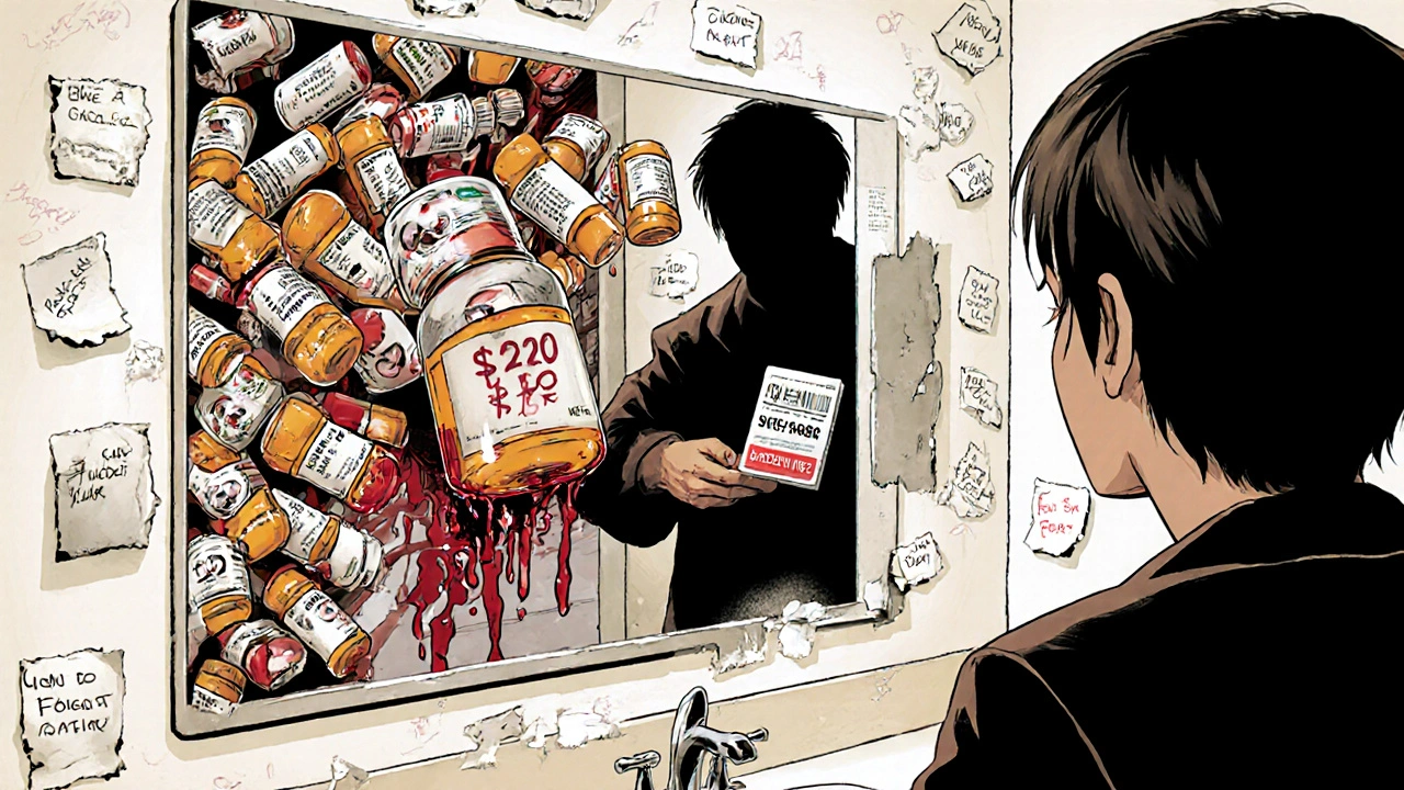 A person&#039;s mirror reflection shows prescription bottles as crying faces, with a shadowy pharmacist offering a generic pill.
