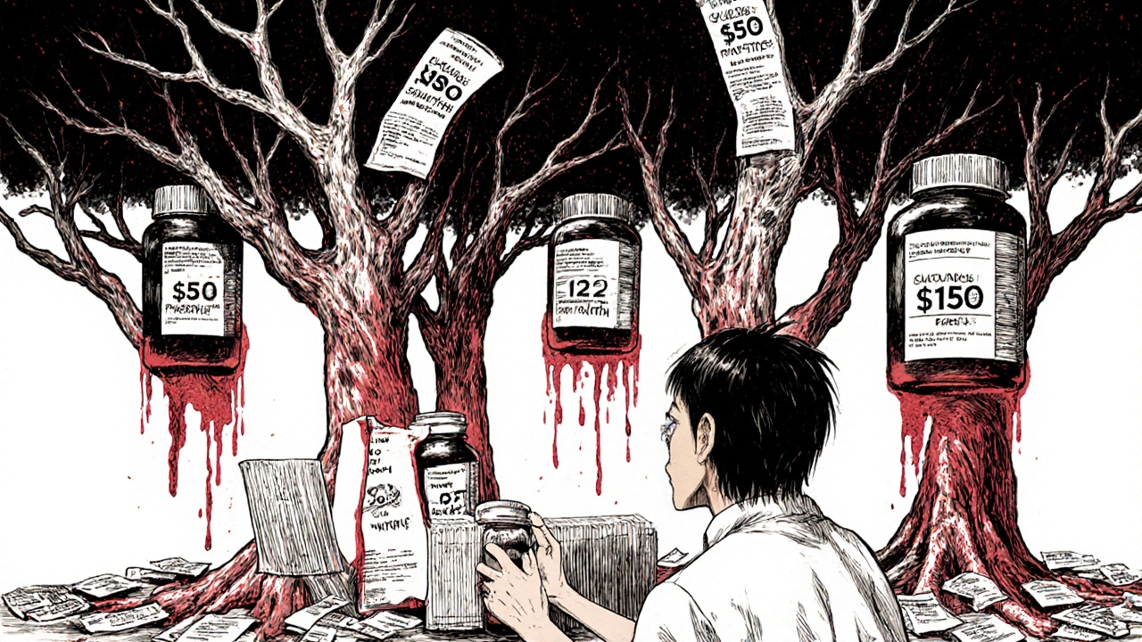 A pharmacist&#039;s counter with monstrous generic pill bottles towering like trees made of price tags and blood.