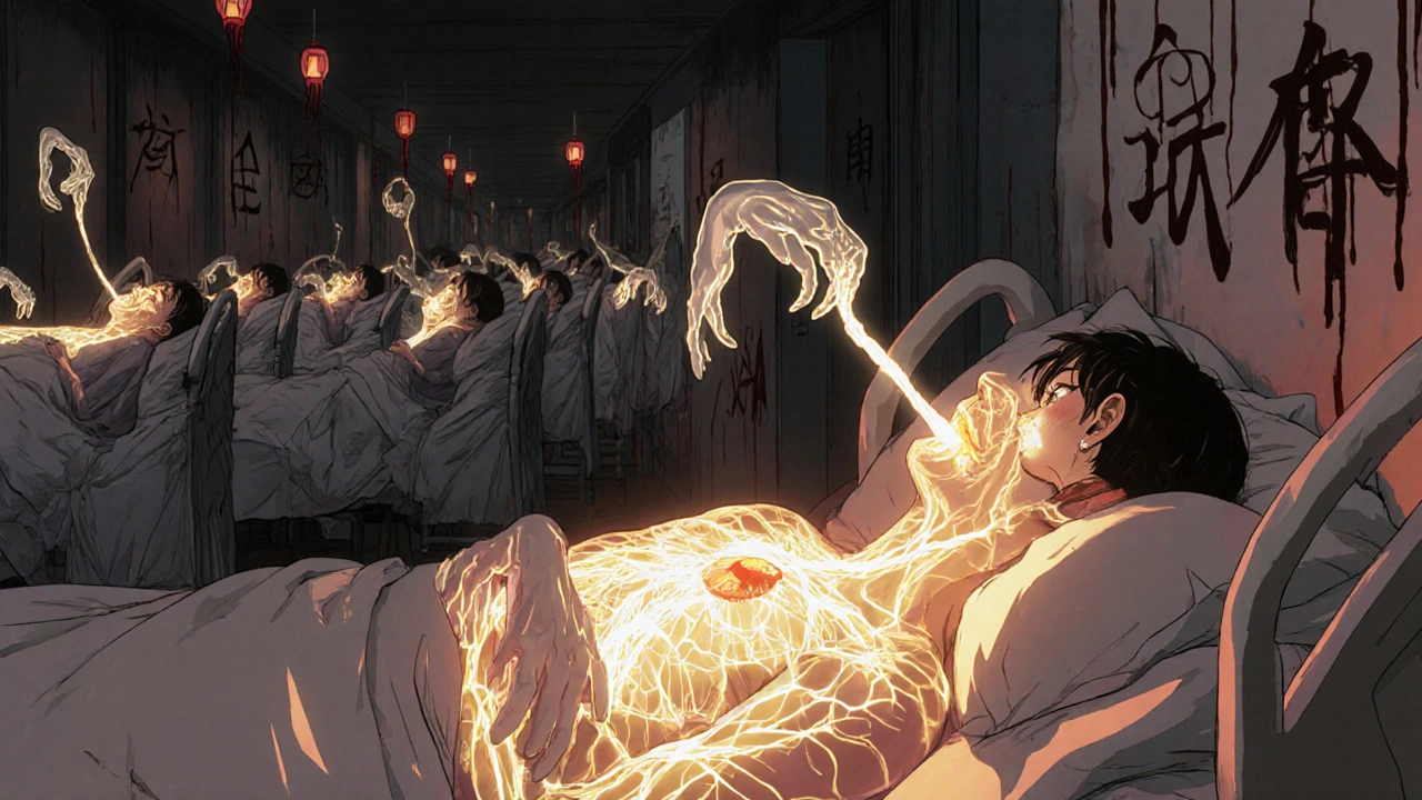 A translucent patient with glowing infected kidney filters and ghostly hands emerging from their body, surrounded by endless suffering figures.