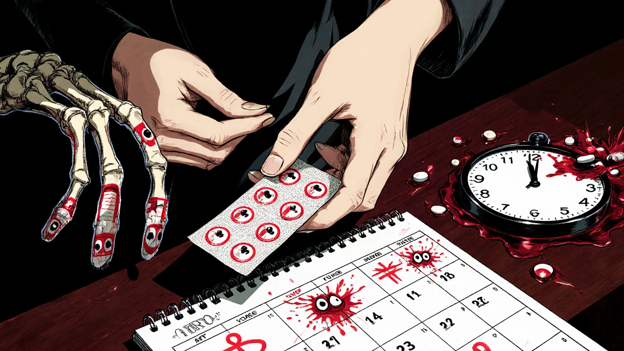 A trembling hand holds a condom as prescription fingers steal her pill pack under a melting clock.