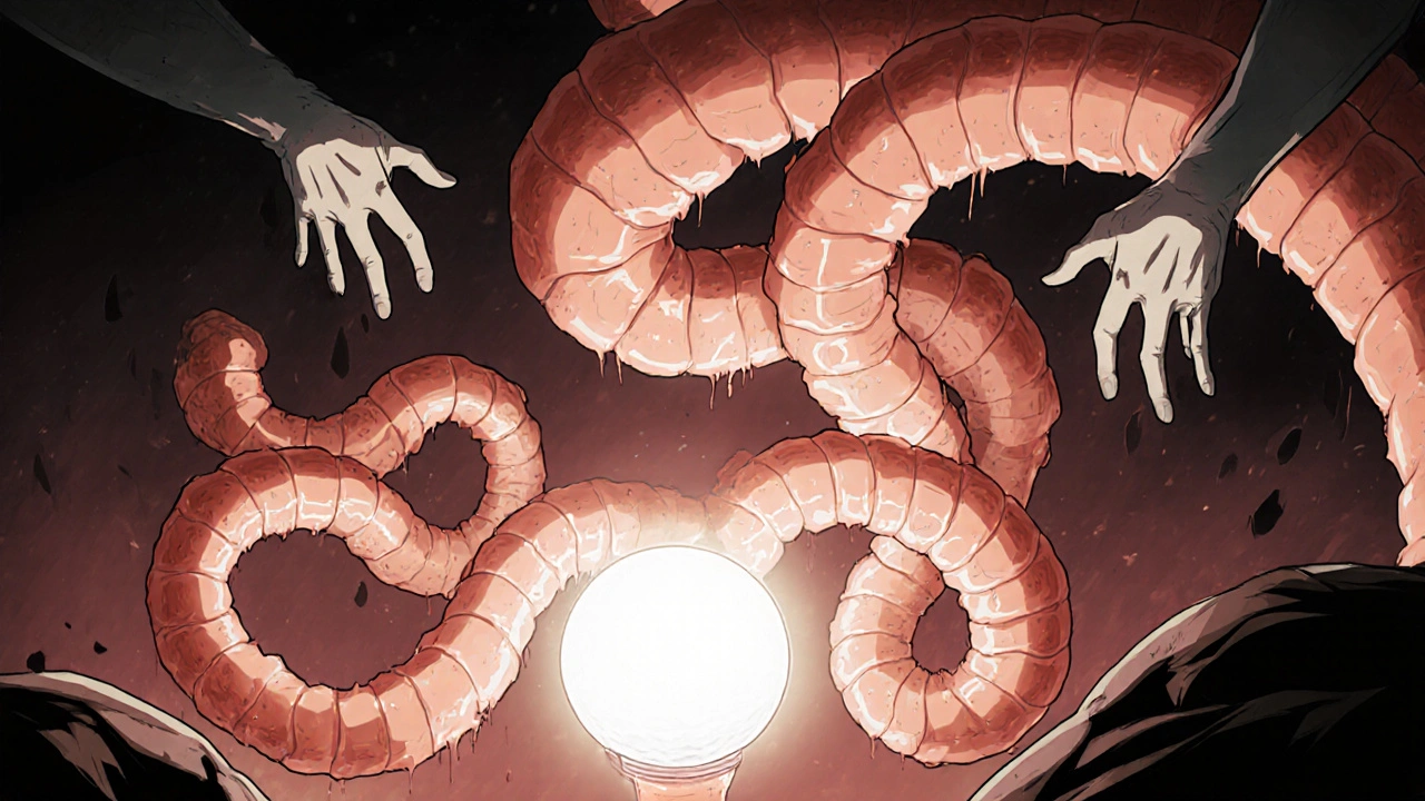 A twisted, fleshy digestive tract spiraling into darkness, with a glowing stomach pouch and ghostly hands pulling nutrients away.