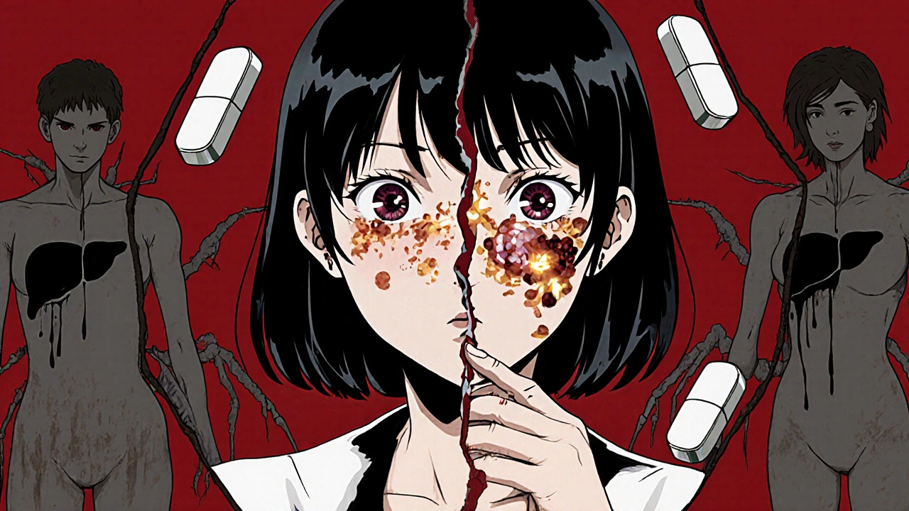 A woman&#039;s reflection shows a horrific skin rash spreading as valproate and lamotrigine pills hover nearby.