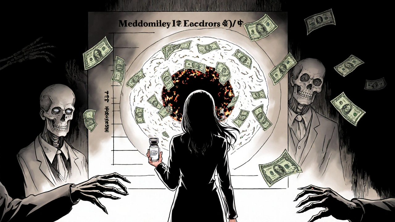 A woman facing a pulsing Medicare donut hole chart, with burning bills and a glowing insulin vial.