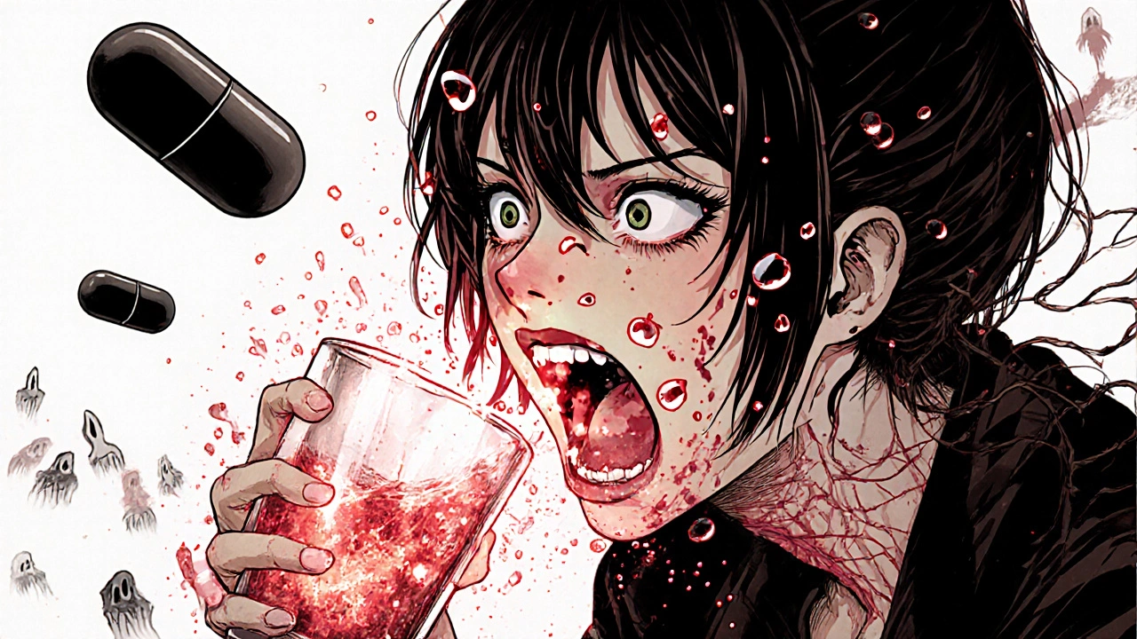 A woman screaming as alcohol explodes from her glass, causing grotesque physical reactions with glowing pills floating nearby.