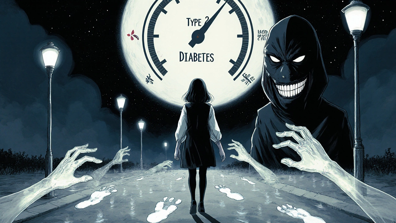 A woman walking at night with glowing footprints, ghostly hands grabbing her ankles, and a moon shaped like a blood sugar meter.