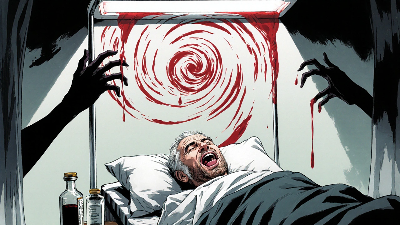 An elderly patient bleeding in a hospital room as shadowy hands pull his blood into a red vortex.