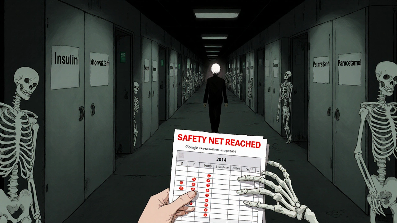 An endless hallway of medication doors, one open to reveal a safety net calendar, with empty pill bottles lining the walls.