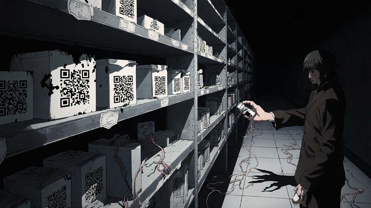 An endless pharmacy shelf with pulsing QR codes that sprout veins and reveal screaming faces beneath.