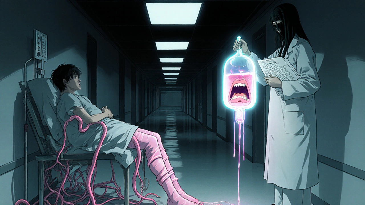 Compression stockings as living veins merging with the floor, ghostly doctor holding a screaming IV bag.