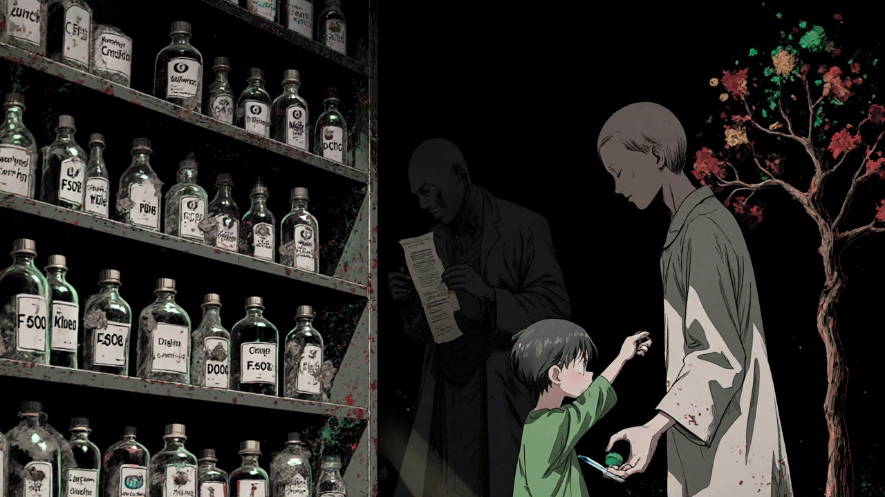 Endless pharmacy shelf of rare mutations, a child reaching for one pill as shadowy scientists loom behind.