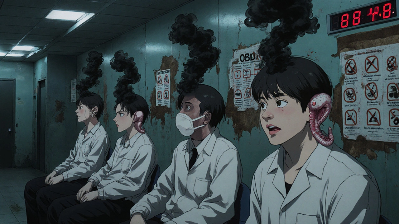 Factory workers with earplugs grown into worm-like creatures, smoke rising from their ears as screaming faces form in the air.