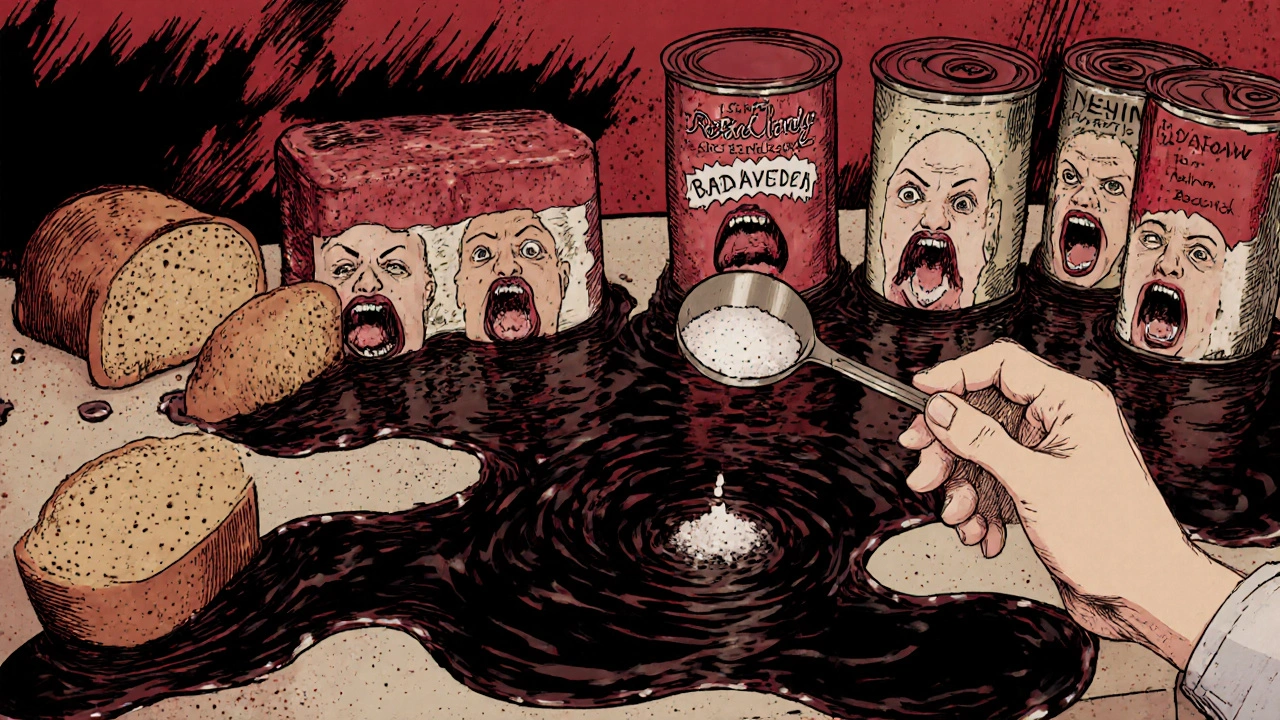 Hidden sodium foods oozing black brine toward a trembling hand, distorted reflections in the pool.