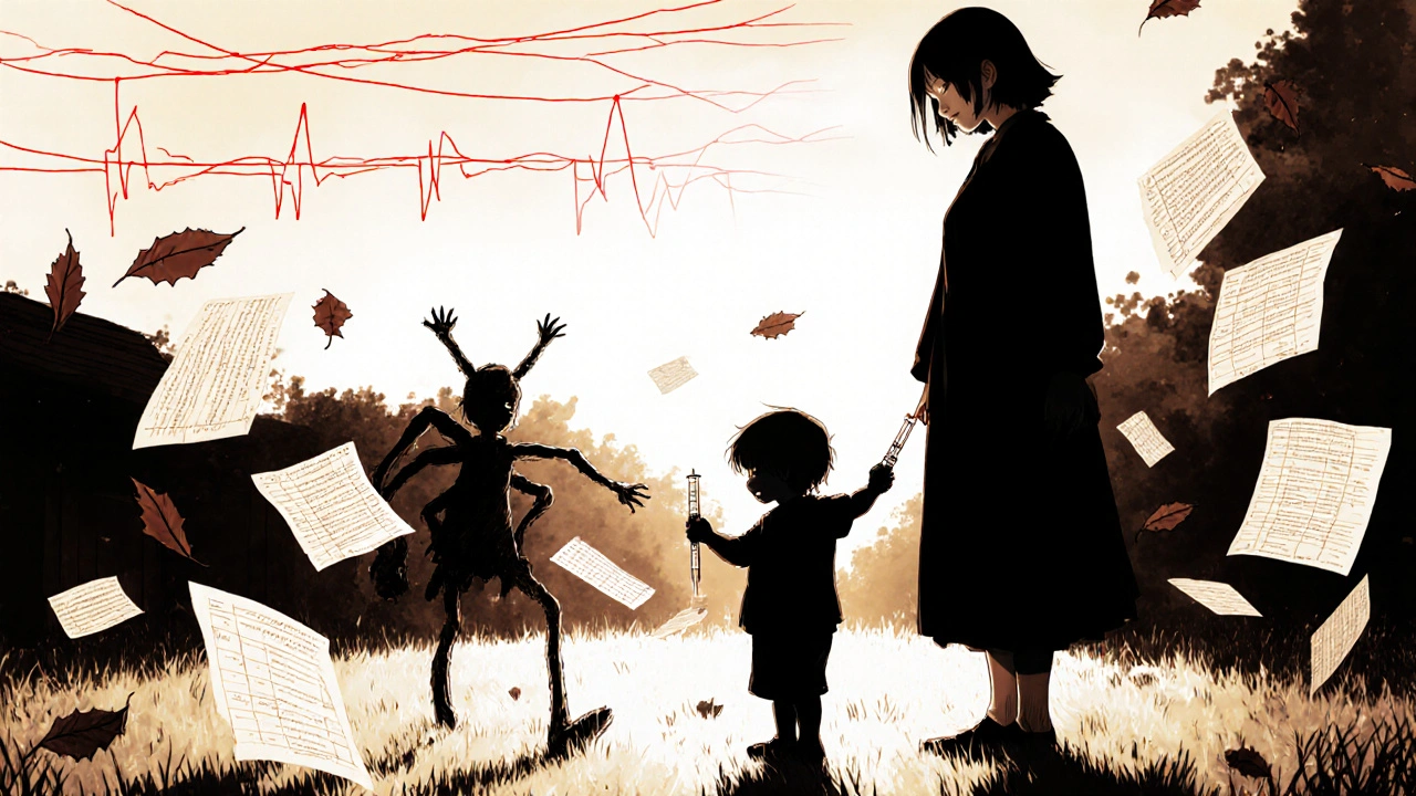 Mother and child in sunlight, but child&#039;s shadow is a monstrous syringe-holding silhouette.