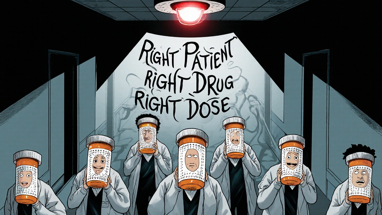 Patients march in a hospital hallway, each with their face on a pill bottle, eyes hollow and mouths sewn shut, shadows forming medication safety words.