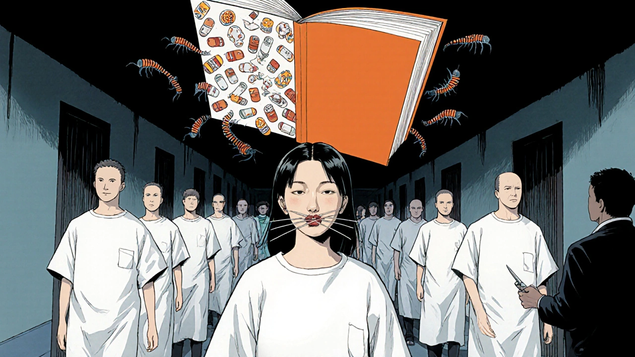 Patients with blank faces walk down a corridor, one with a stitched mouth, as BX-rated drugs crawl from an open book.