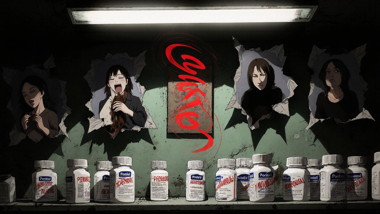 Pharmacy shelves with pill bottles whose labels have turned into screaming faces, in a decaying clinic.