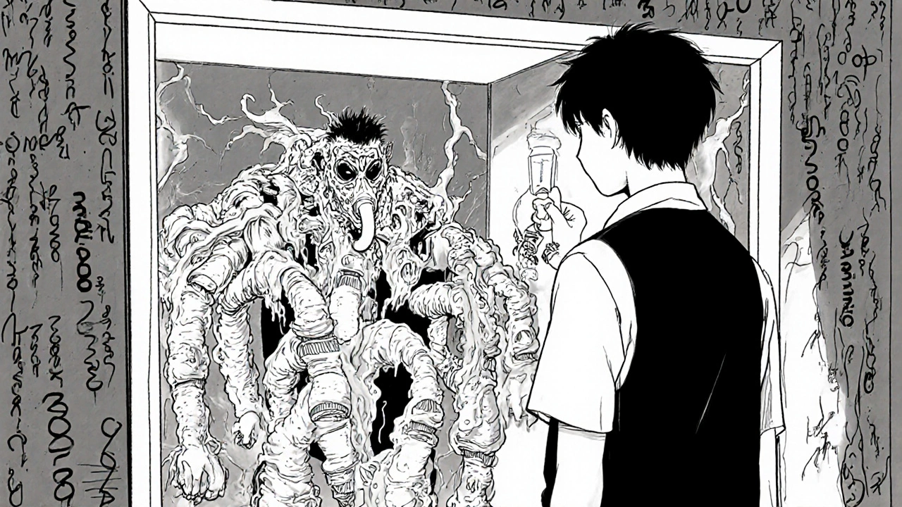 Teenager facing a monstrous reflection of mucus and medical devices, holding a glowing pill that cuts through the nightmare.