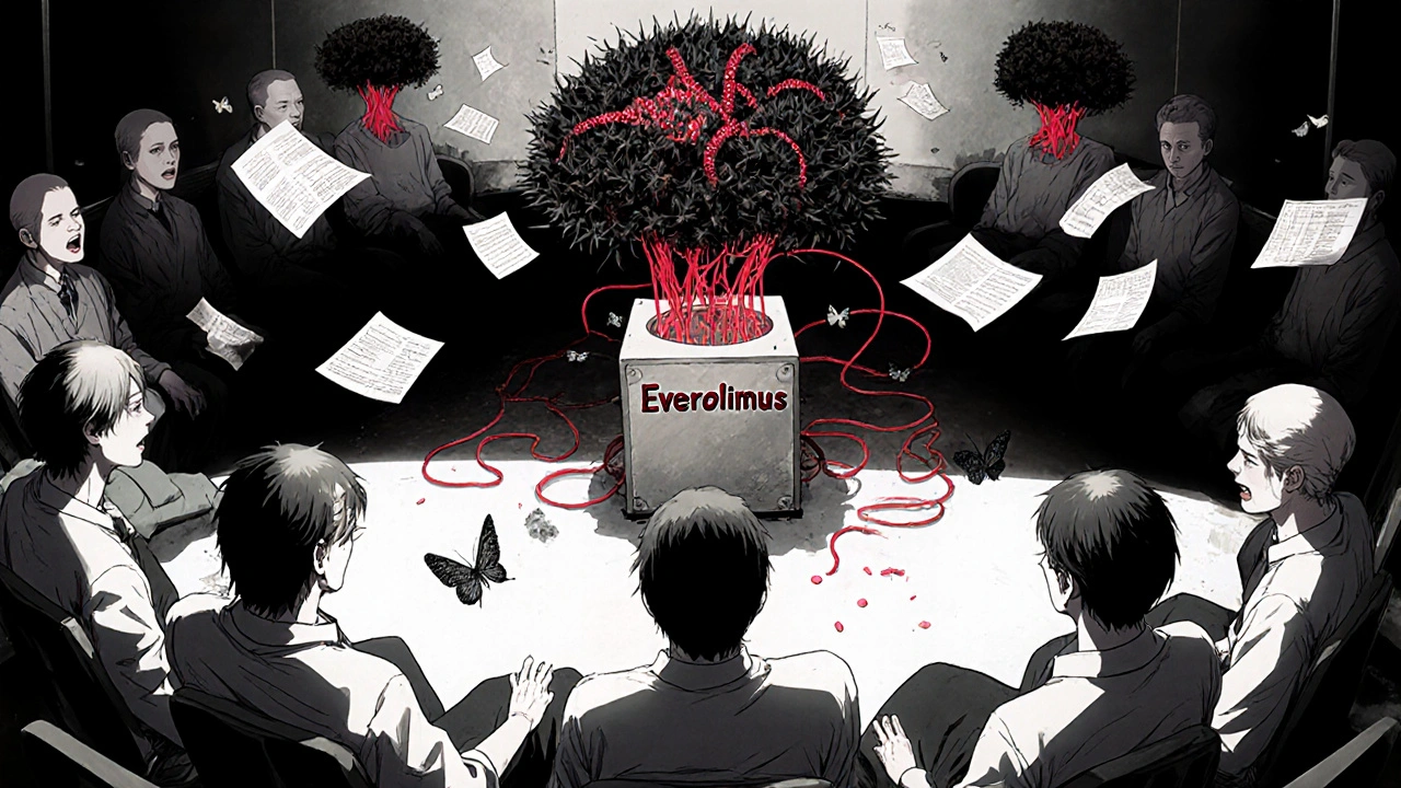 Twelve patients in a circle, their skulls open to thorned tumors connected to a machine, one tumor crumbling to ash.