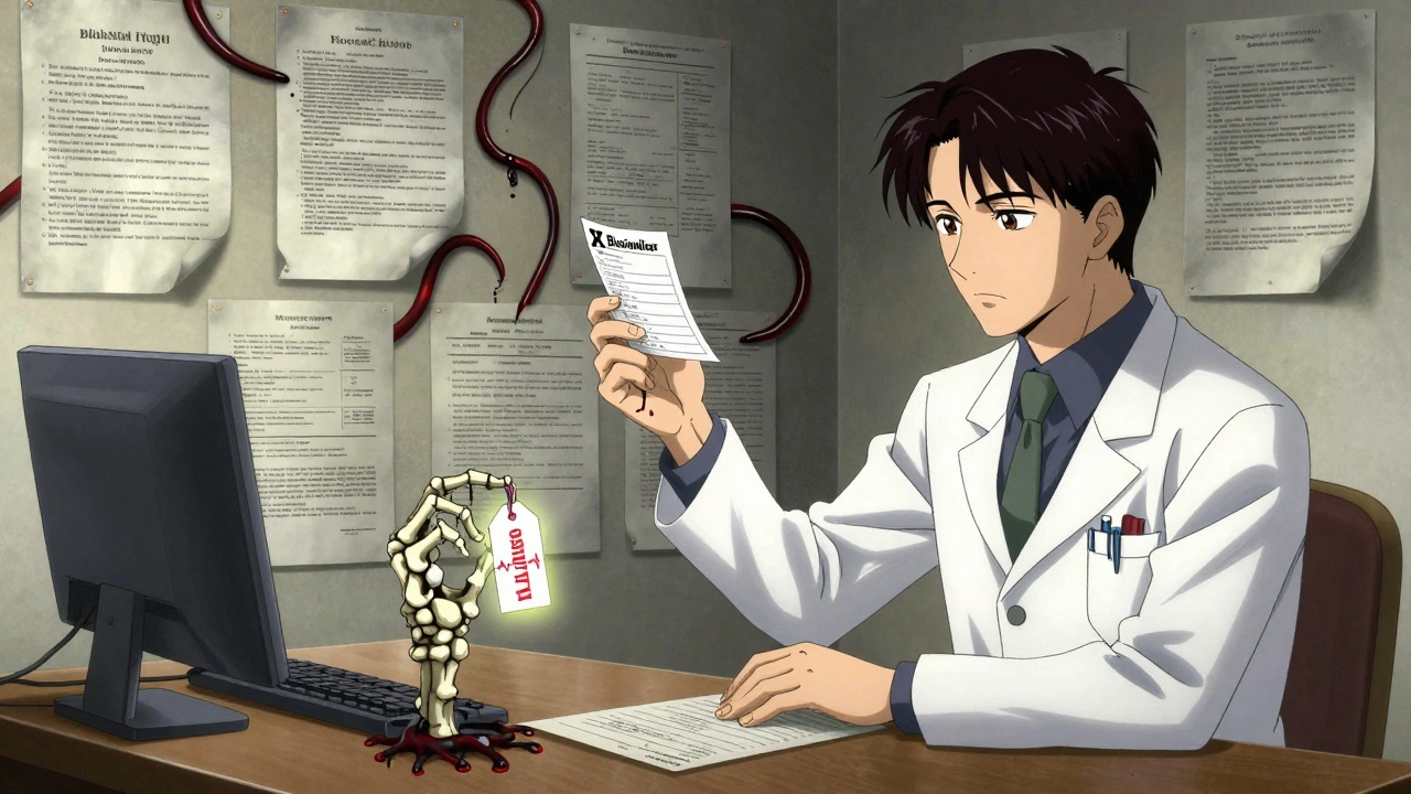 A doctor’s office with patent documents as tentacles, one hand holding a brand prescription while a biosimilar hand reaches up.