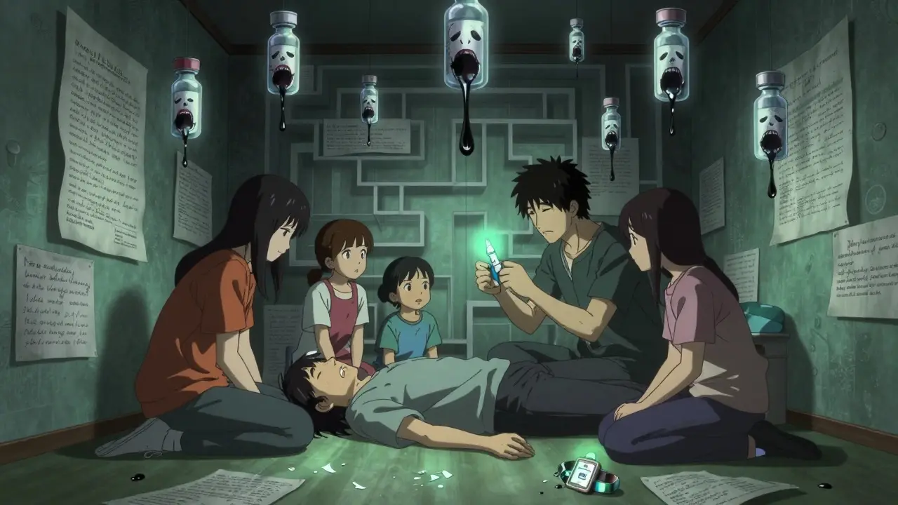 A family administering glucagon to an unconscious person as medical supplies twist into nightmare forms.