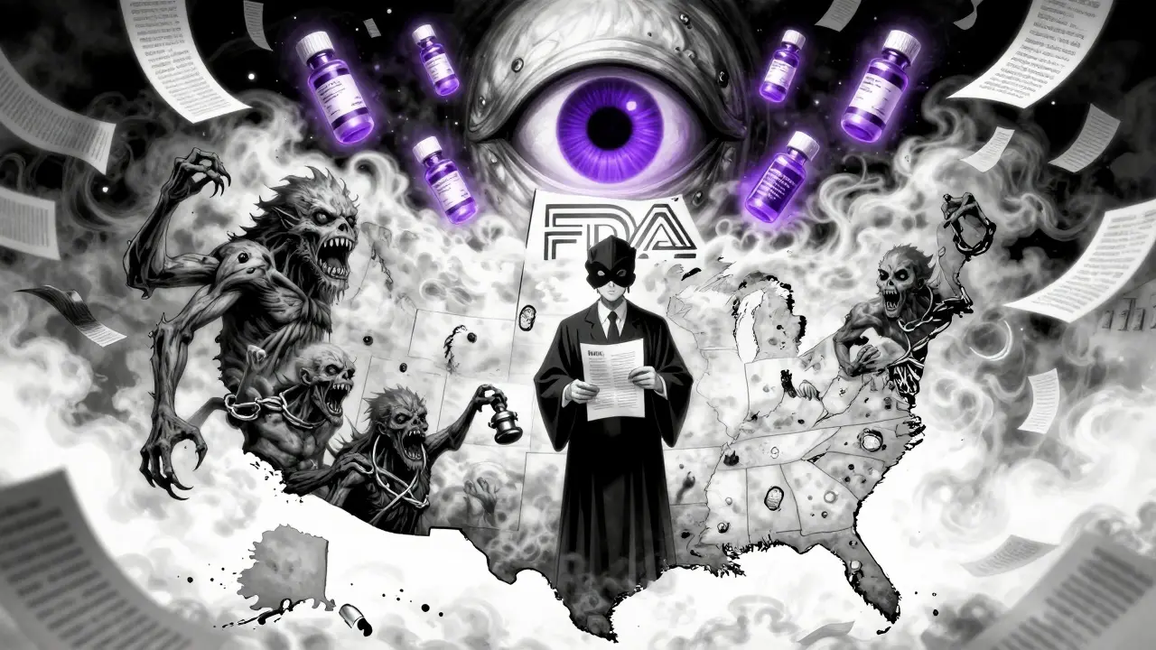 A grotesque U.S. map where states are creatures swapping biosimilars, with a giant FDA eye watching over seven glowing interchangeable drugs.