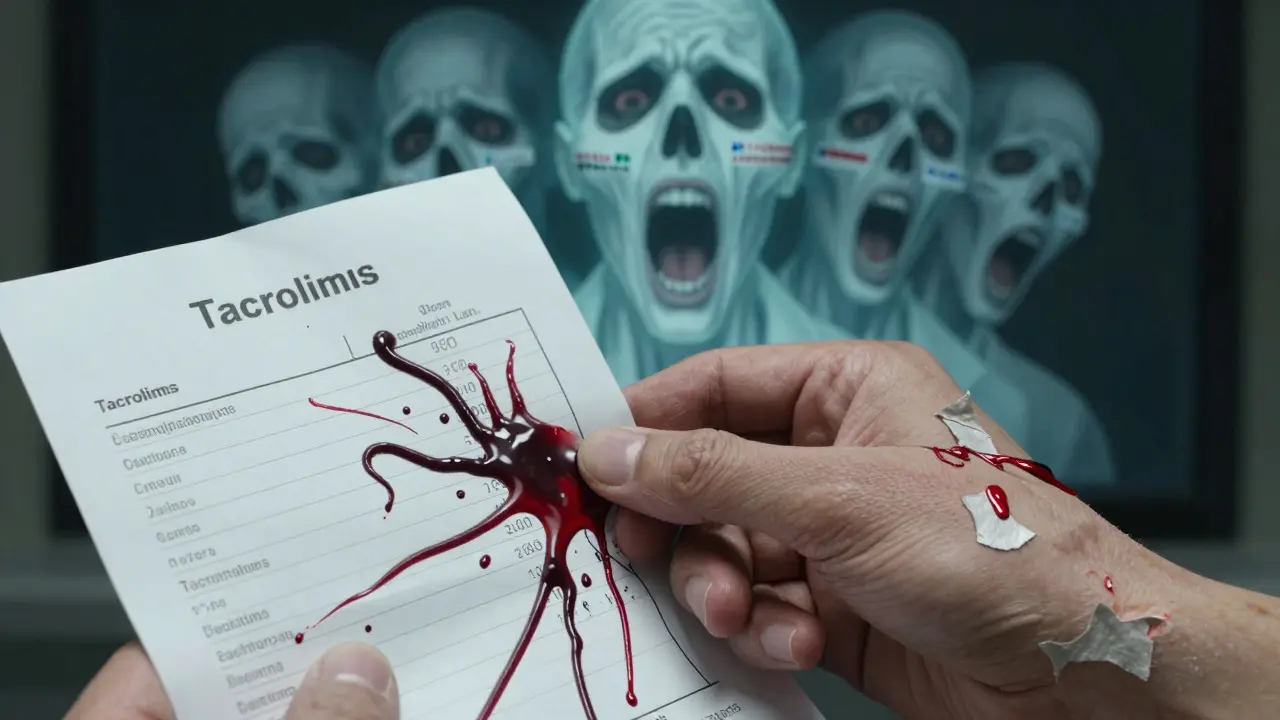 A hand clutches a blood test report as ink-like tendrils crawl across it, with a ghostly pharmacist looming.