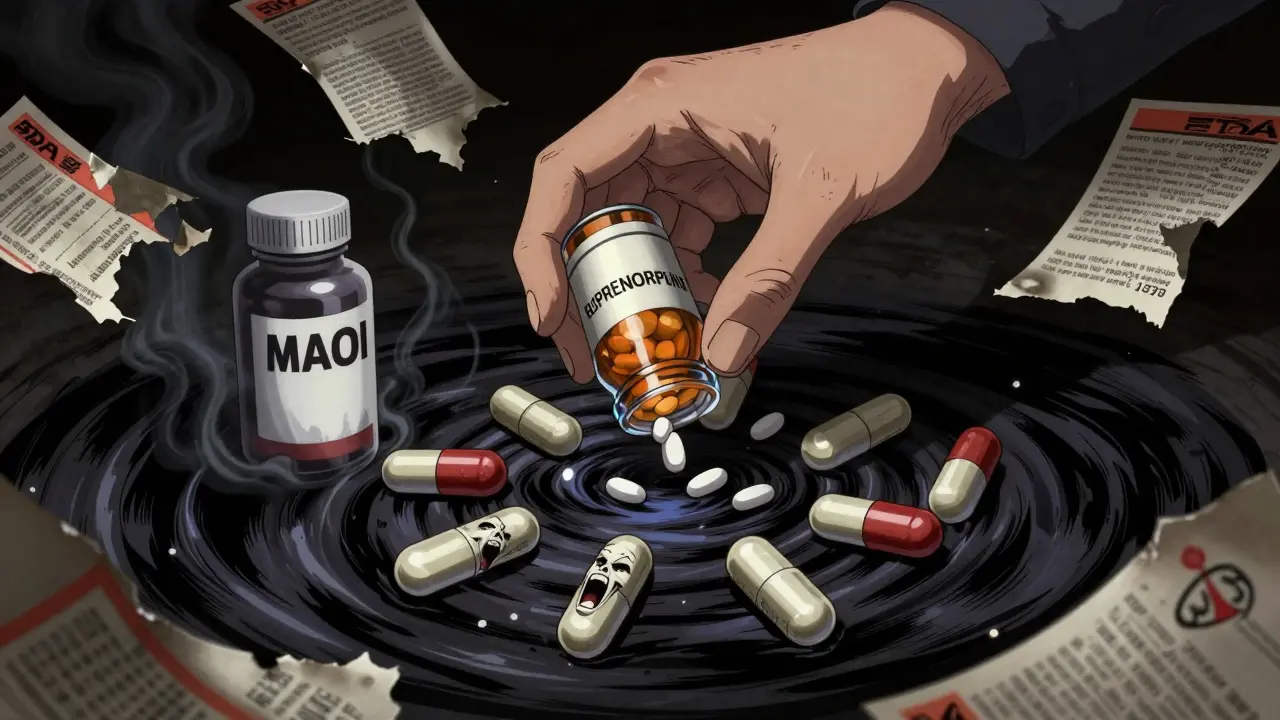 A hand holding a safe buprenorphine pill above a vortex of screaming opioid pills, with a ghostly MAOI bottle emitting black smoke.
