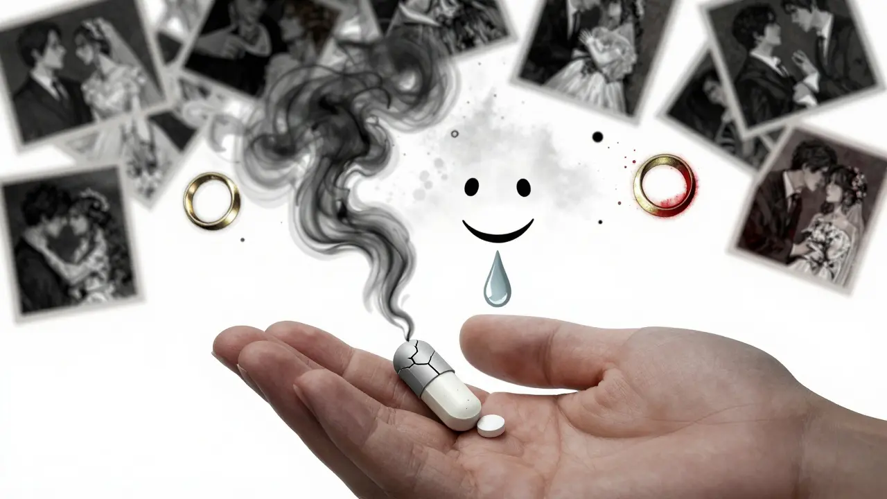 A hand holding two pills — one leaking emotional numbness, the other releasing a tear that becomes a smiling face.