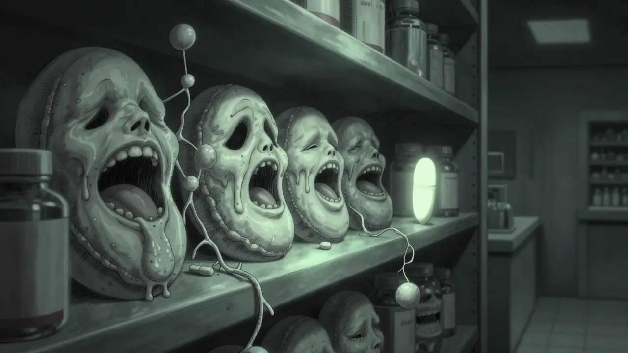 A haunted pharmacy shelf where antipsychotic pills bulge with fat while buspirone glows peacefully among them.