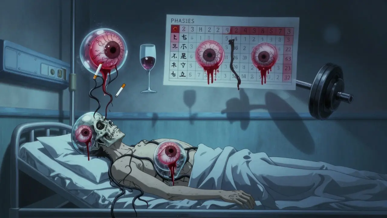 A patient's transparent skull reveals three eye-shaped aneurysms, with PHASES score floating above, surrounded by symbols of risk.