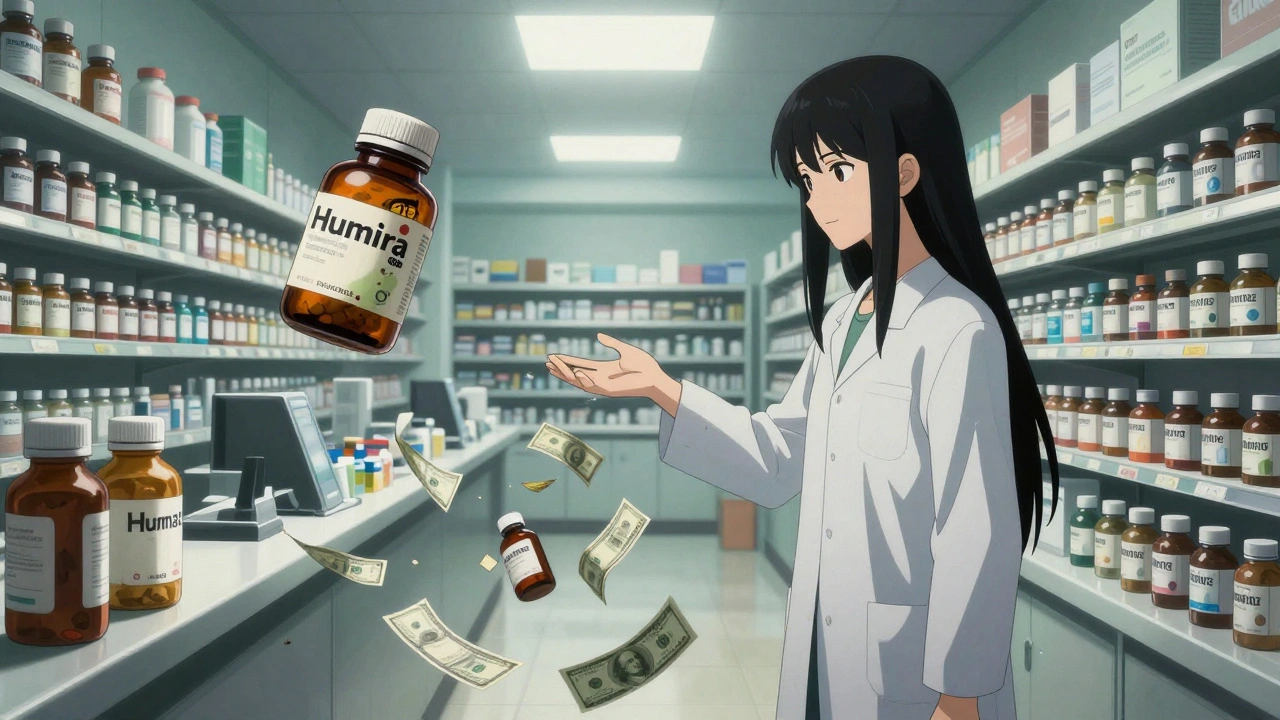 A patient at a vast pharmacy counter surrounded by monstrous brand drugs and a serene biosimilar made of falling money.