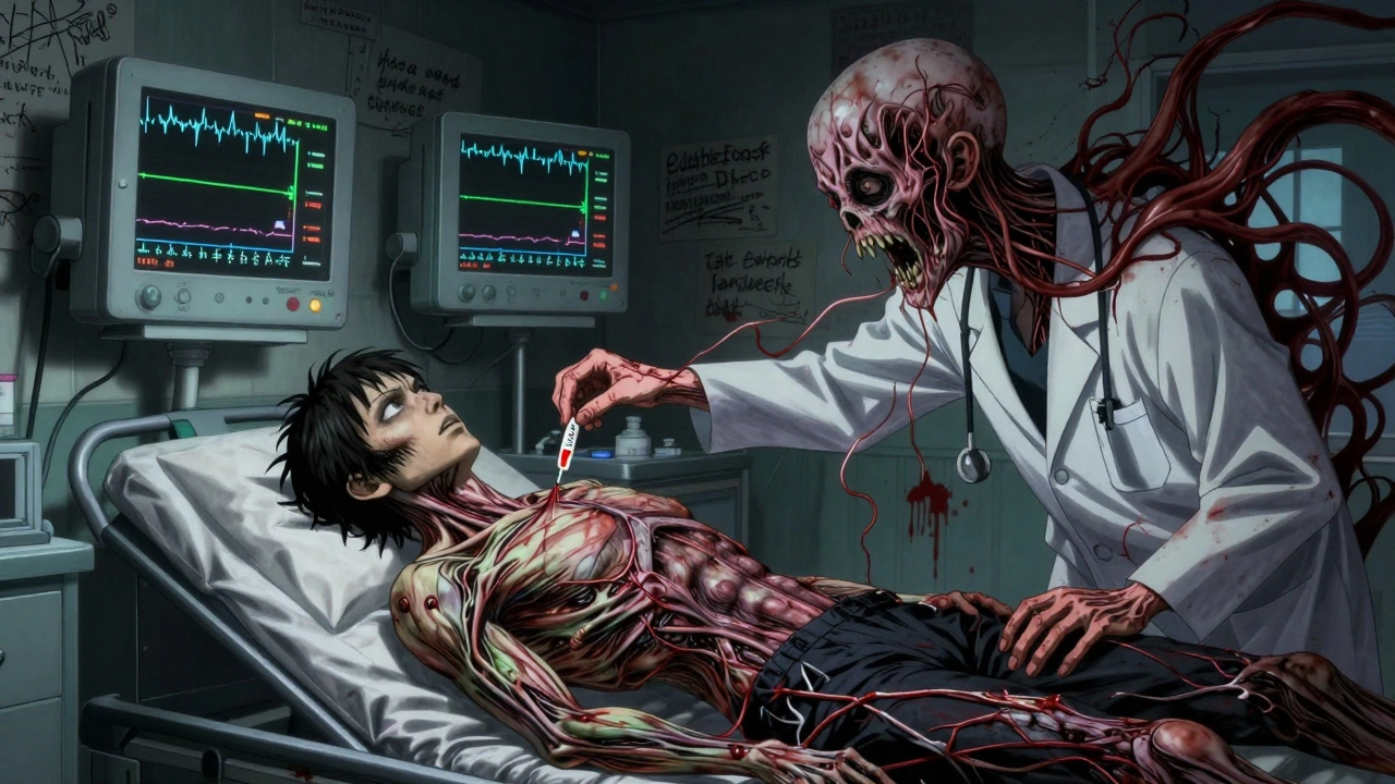 A patient in ER with rigid muscles and glowing neural tendrils, doctor&#039;s hand transforming into serotonin threads, monitors flatlining.