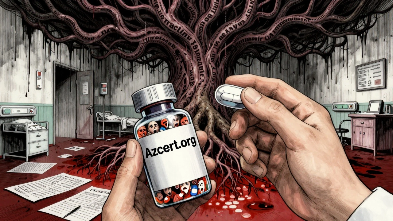 A pharmacist&#039;s hands holding a pill bottle reflecting screaming faces, with a tree of drug names growing from blood.