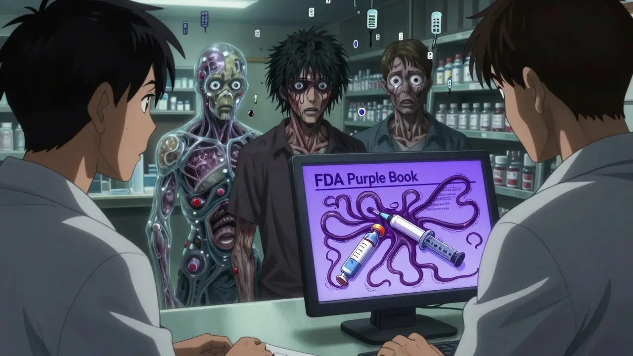 A pharmacist horrified as a Purple Book screen twists into tentacles, patients partially transformed into biological forms.