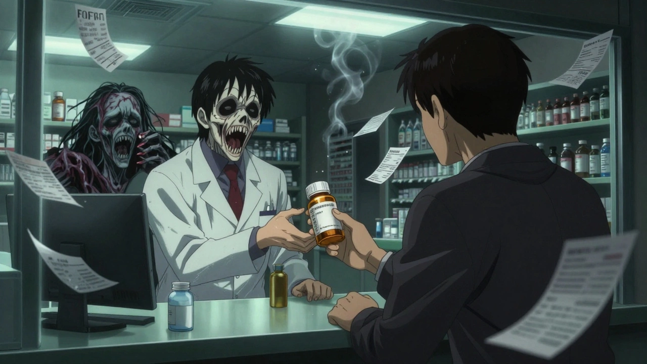 A pharmacist offers a generic pill bottle, but the pills transform into screaming faces.