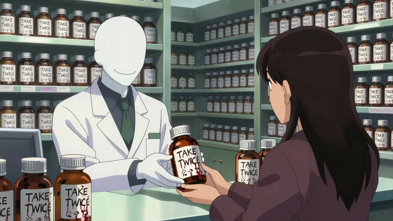 A pharmacist with a hollow grin hands a bottle to a customer as the label crawls with bleeding, shifting text.