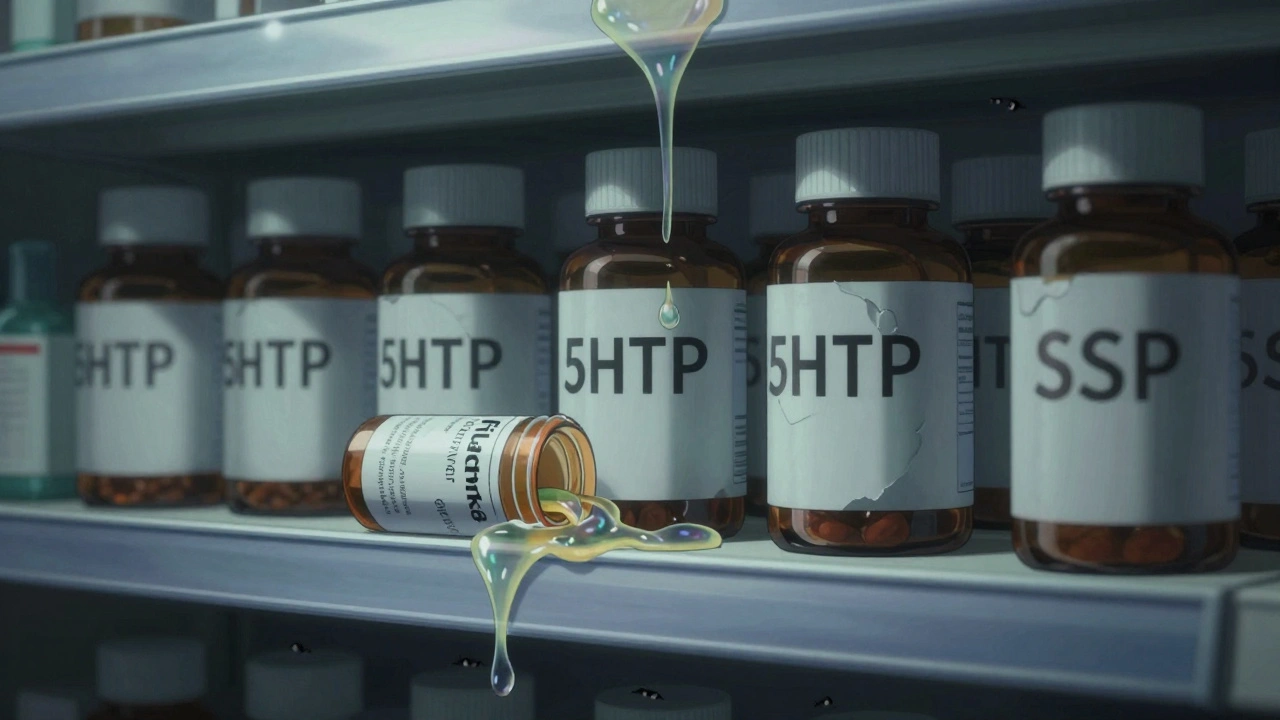 A pharmacy shelf with 5-HTP bottles dripping glowing fluid onto an SSRI bottle, eyes blinking in the shadows, eerie and uncanny.